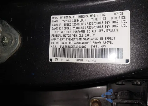 2009 Acura Rdx из США, поврежденный, VIN 5J8TB18259A002497